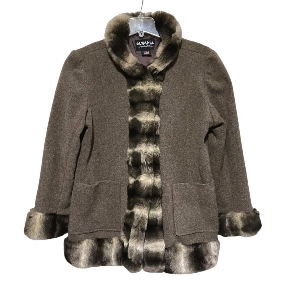 Vintage Wool Blend Overcoat 1X Faux Fur Trim Car Coat Brown Pockets Neutral Glam